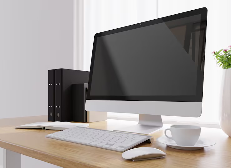 Poste de travail avec ordinateur, clavier et souris — illustration du parcours professionnel.